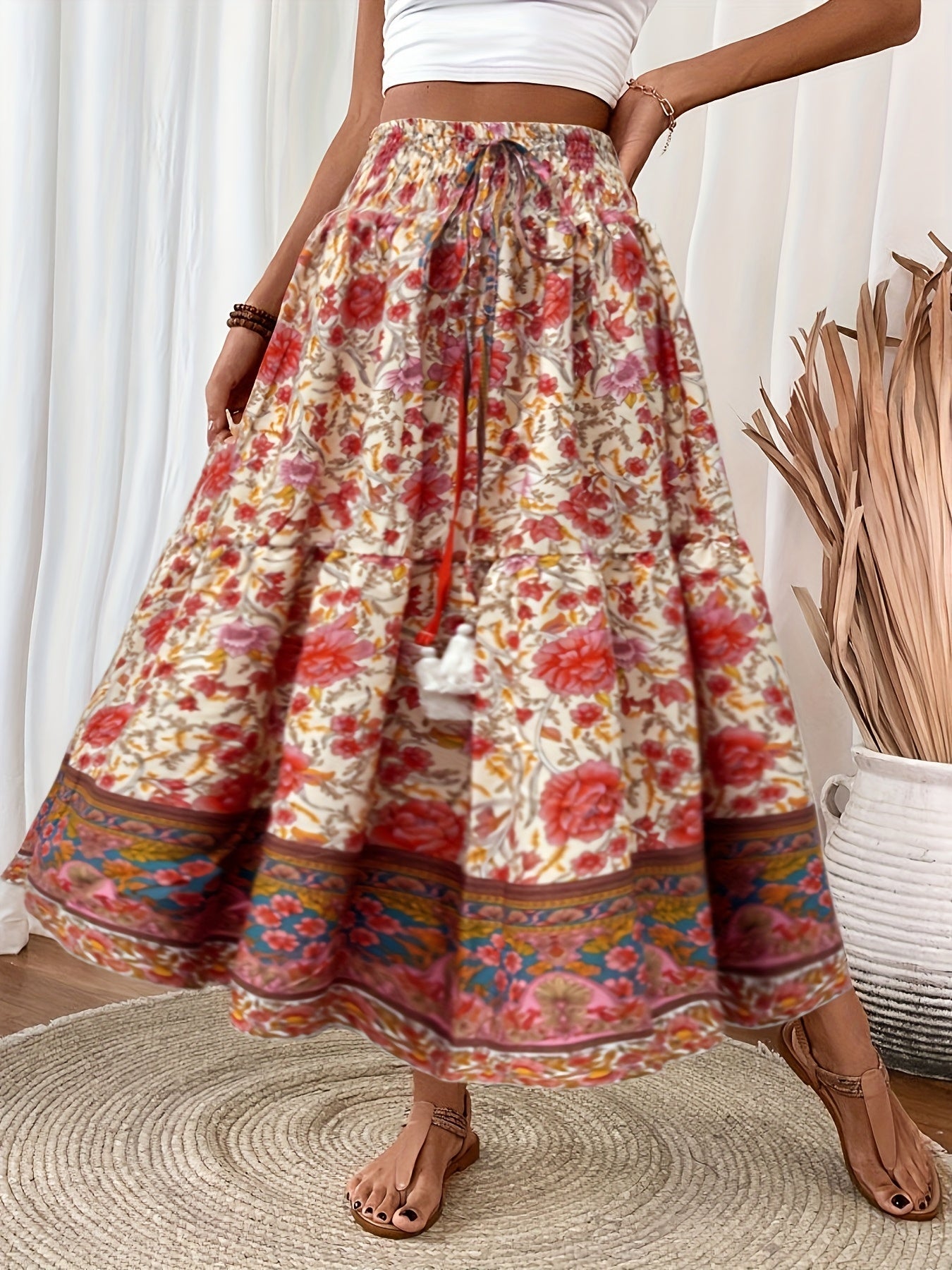 Dam Kjol Boho Lång Blommig Elegant Sommarmode Fickor