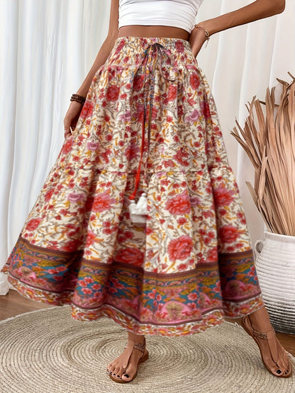Dam Kjol Boho Lång Blommig Elegant Sommarmode Fickor