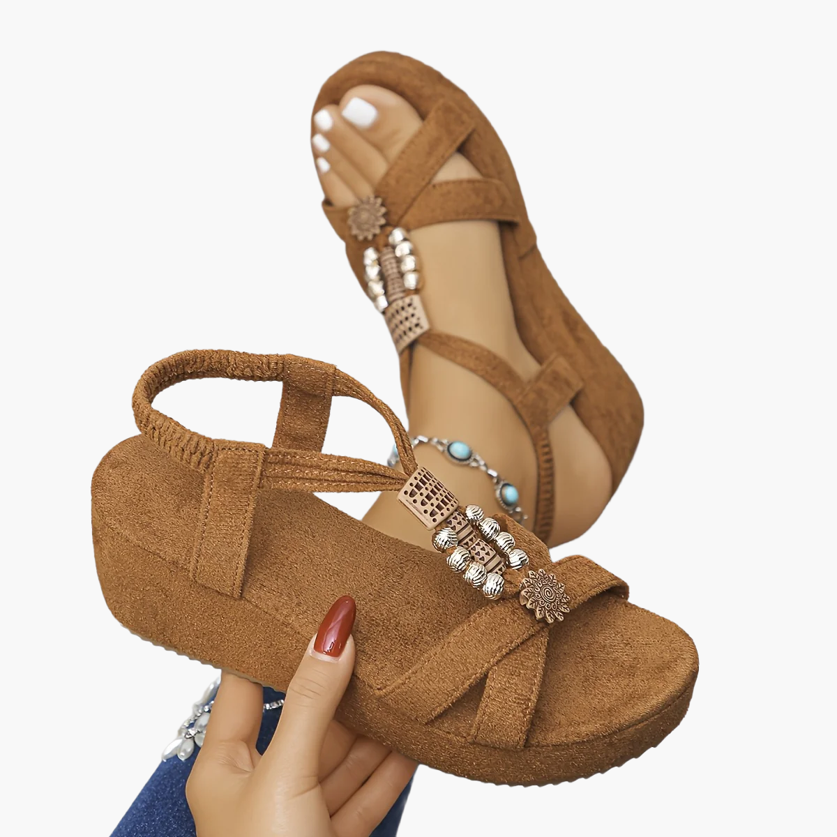Dam Sandaler med Platå och Dekorativa Pärlor – Vintage T-rem Design, Perfekt för Vår och Sommar