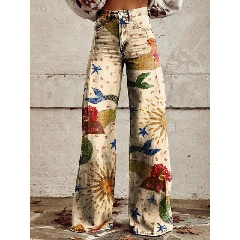 Jennifer – Tryckta Högmidjade Långa Byxor i Premium Vegan Denim