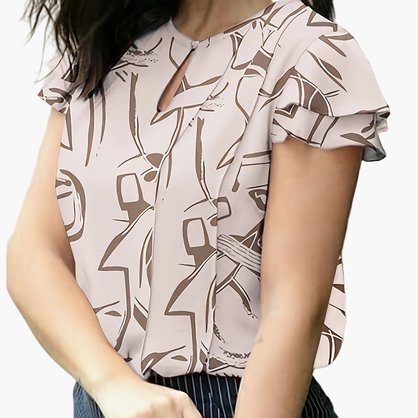 Dam Elegant Blus för Kontor och Fritid med Volangärm och Nyckelhålsdetalj