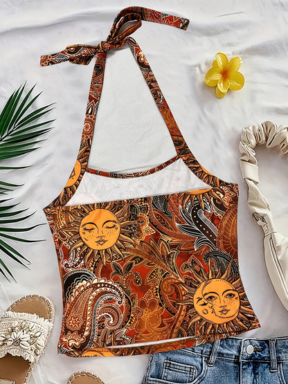 Dam Halterneck Top Vintage Bohemisk Sommarfest All Over Print