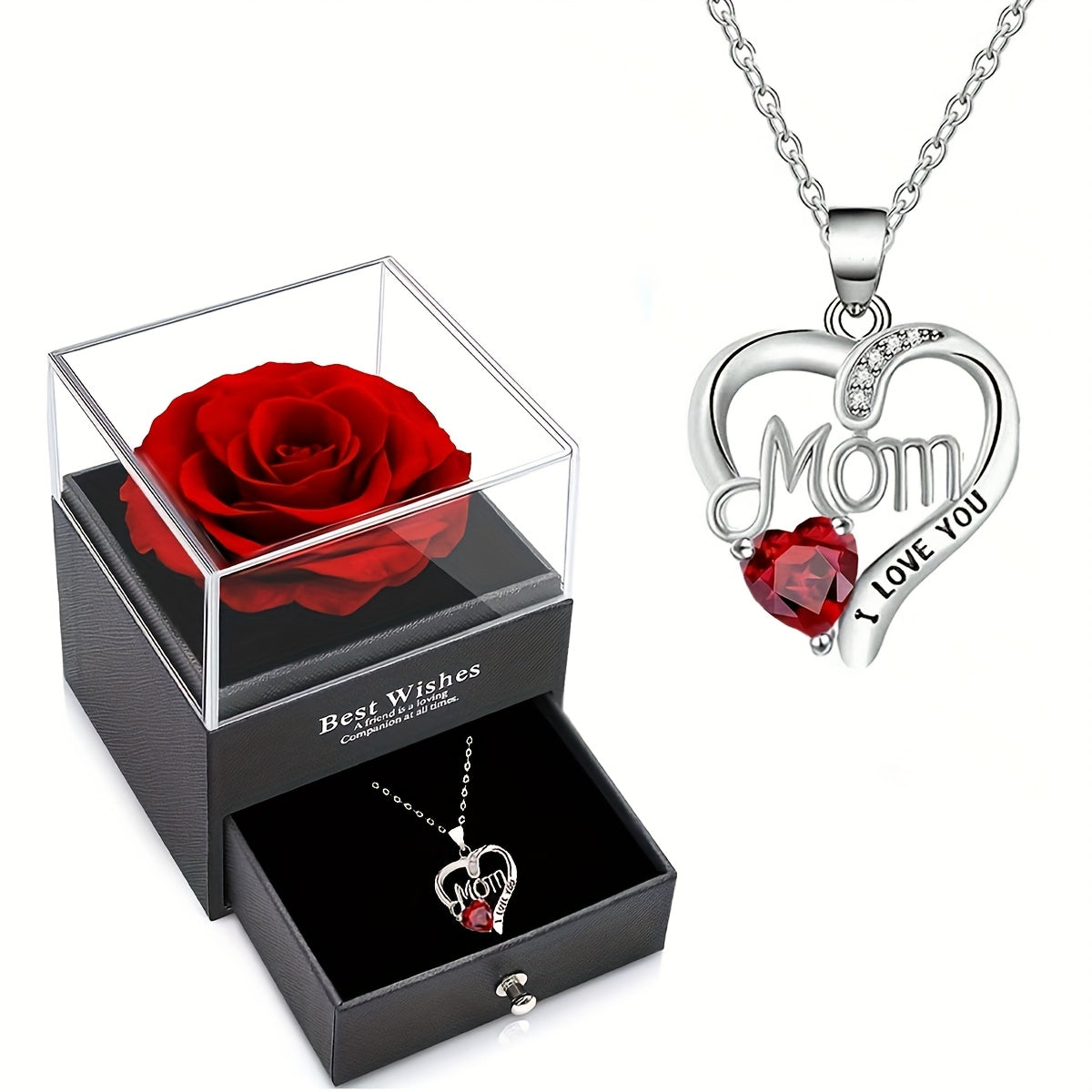 Smyckeset för Dam – Halsband med Hjärtformat 'Mom I Love You'-Hänge och Evighetsros i Presentask – Perfekt Gåva till Mamma