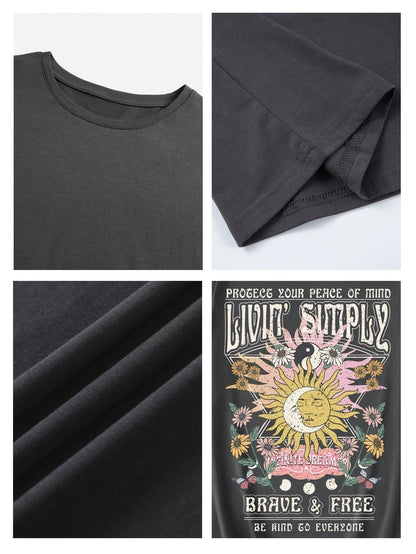 Dam T-shirt med Boho-tryck och inspirerande text, avslappnad stil