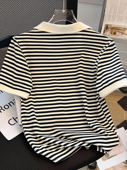 Damers Preppy Randig Pikétröja med Krage – Kortärmad, Vardagsstil, Smart Casual