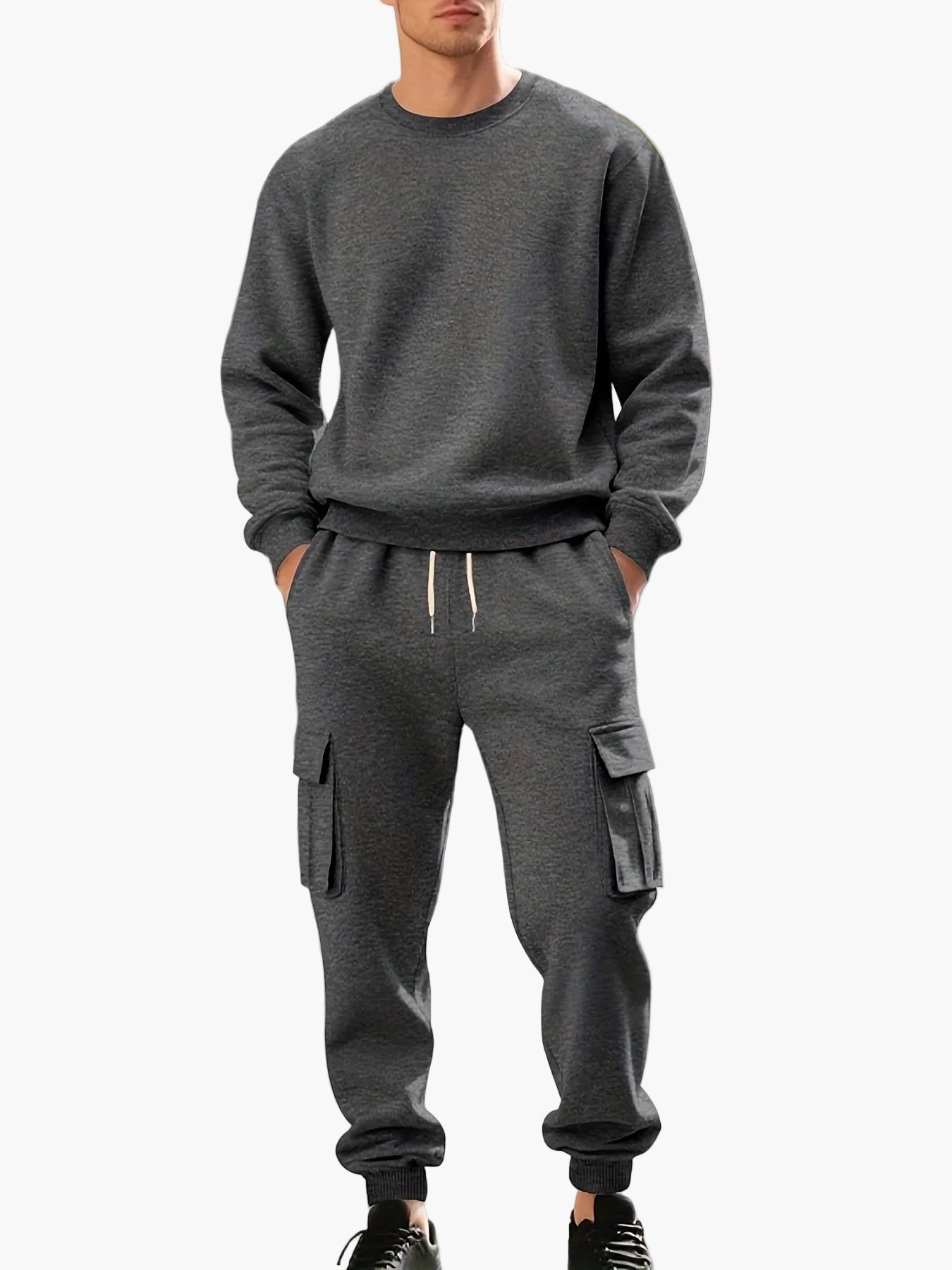 Herr Sportig Joggingdräkt Set med Cargo Byxor och Trendig Sweatshirt Fritidskläder