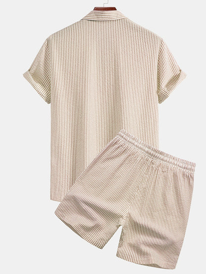 Herr Set med Kortärmad Skjorta och Shorts – Randigt, Avslappnat Sommarset för Strand och Semester