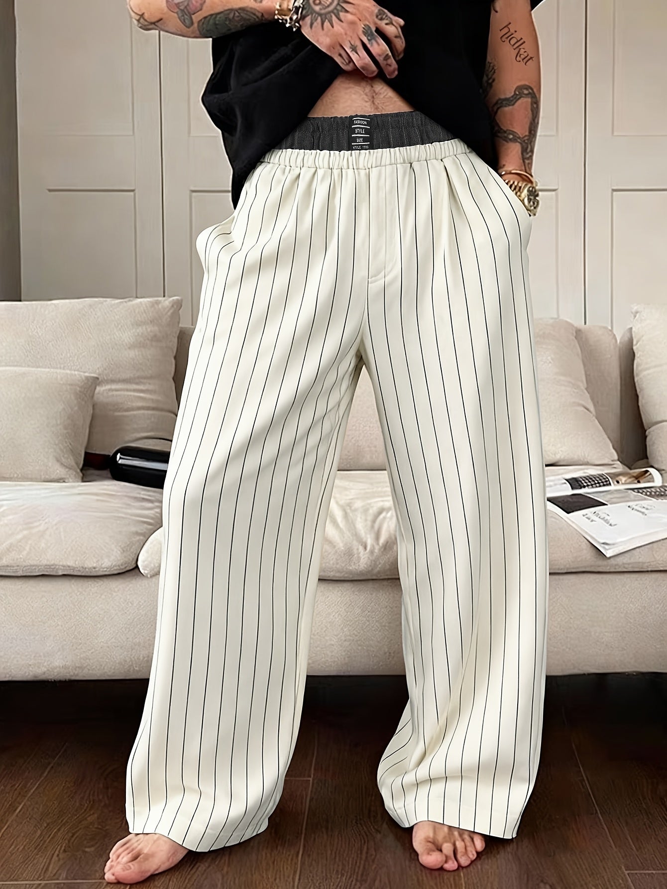 Herrbyxa med vida ben och eleganta ränder – Modern lounge- och fritidsbyxa
