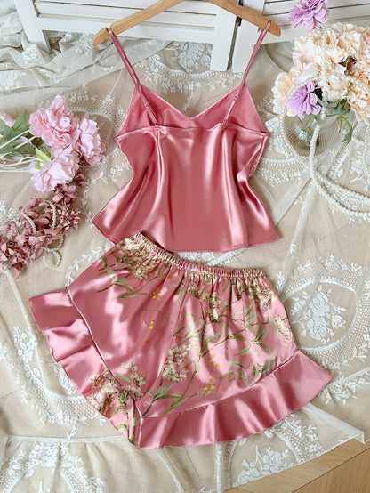 Damernas Satinpyjamas Set med Spetsdetaljer och Blommigt Mönster – Elegant Sommar Nattklädsel