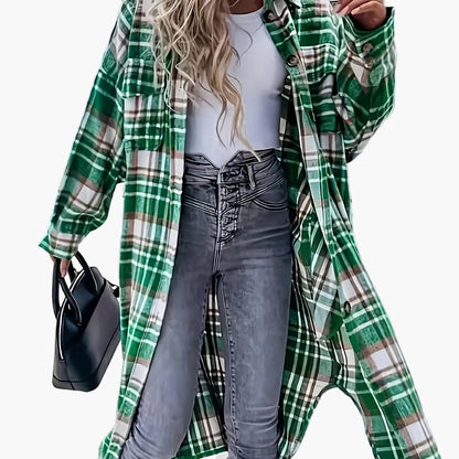 Dam Skjortjacka Lång Oversize Rutig Casual Vår/Höst