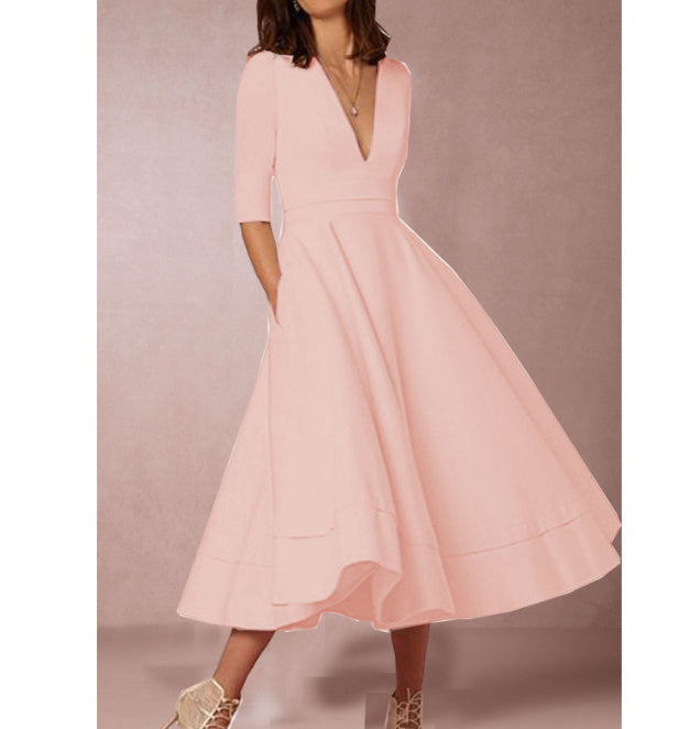 Damklänning Vintage A-linje V-ringad Midi Fest Elegant