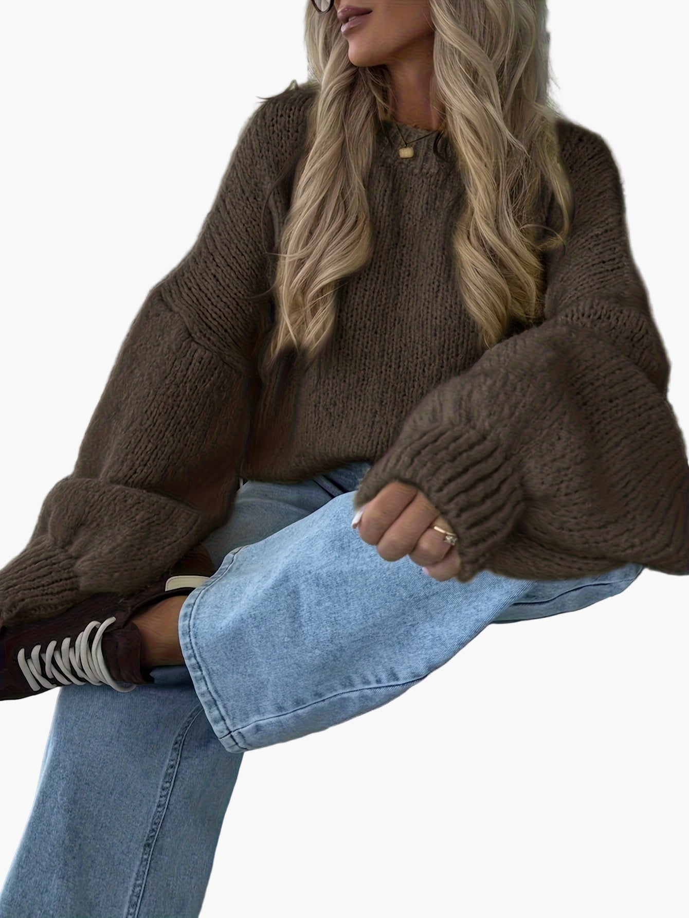 Damstickad oversized tröja med ballongärmar för höst och vinter, avslappnad stil