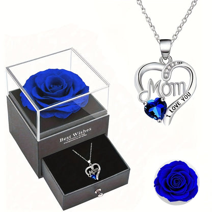 Smyckeset för Dam – Halsband med Hjärtformat 'Mom I Love You'-Hänge och Evighetsros i Presentask – Perfekt Gåva till Mamma