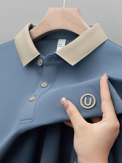 Herr Pikétröja Klassisk Casual med Kontrastkrage och Broderad Logotyp - Stilren för Vardag och Fritid