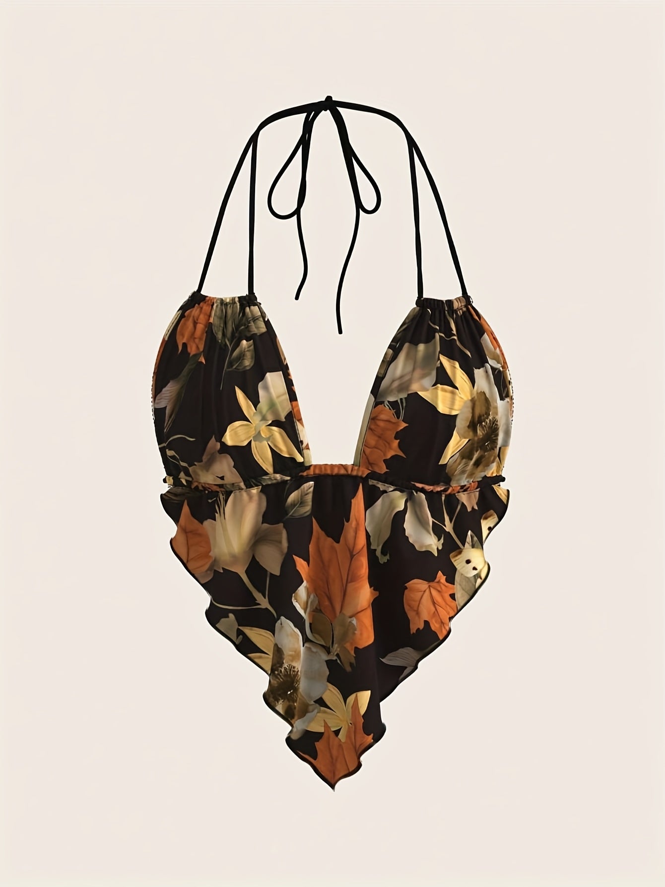 Dam Body – Djup V-ringning, Halterneck, Retro Blommig, Trendig Sommartopp