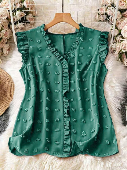 Dam Elegant Blus med Volangdetaljer och V-ringning för Vardagsbruk