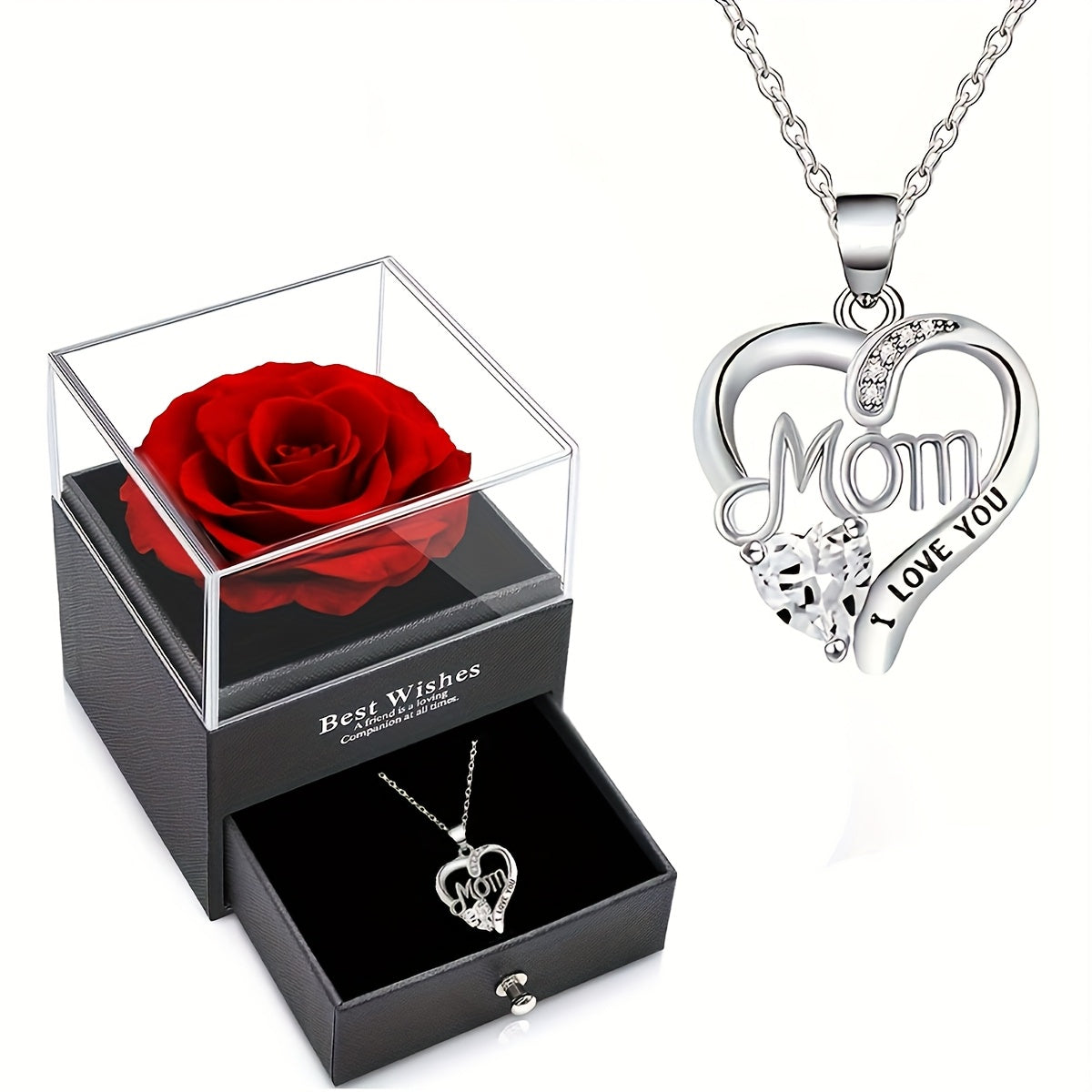 Smyckeset för Dam – Halsband med Hjärtformat 'Mom I Love You'-Hänge och Evighetsros i Presentask – Perfekt Gåva till Mamma