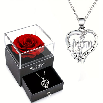 Smyckeset för Dam – Halsband med Hjärtformat 'Mom I Love You'-Hänge och Evighetsros i Presentask – Perfekt Gåva till Mamma