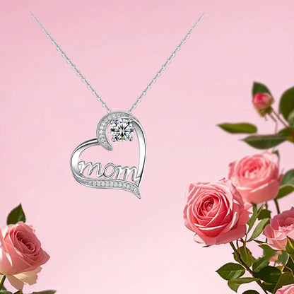 Elegant Smyckeset för Kvinnor – Hjärthalsband med 'Mom'-Gravyr och Evig Ros i Presentask – Perfekt Gåva till Mors Dag