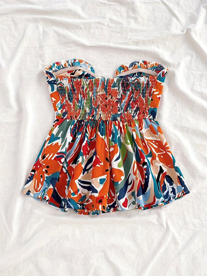 Dam Bandeau Knuten Kort Top – Somrig Blommig Design för Semester & Strand