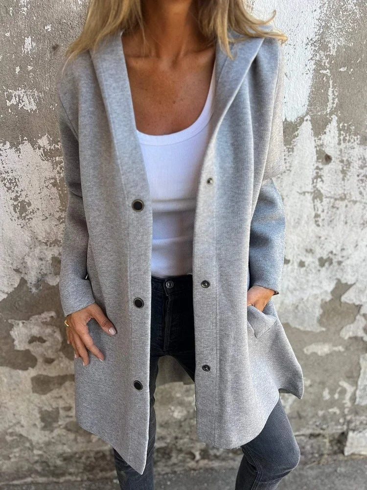 Linda – Lättvikts Huva Enkelt Knäppt Cardigan Fashion Lös Enfärgad Jacka Vår och Höst Damkläder