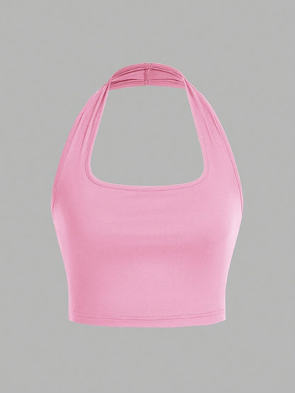 Dam Halterneck Crop Top med Öppen Rygg - Trendig Sommartopp för Vardag och Fest