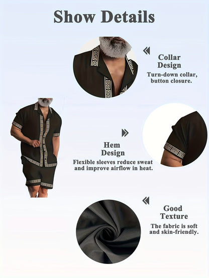 Herr Casual Set med Geometriskt Mönster – Sommarkläder, Kortärmad Skjorta och Shorts, Avslappnad Stil