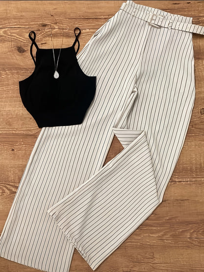 Dam Set: Elegant Randigt Byxor och Crop Top för Vår/Sommar – Perfekt för Kontor och Fest