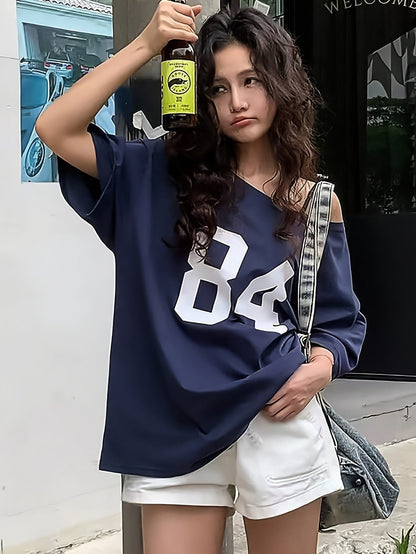 Dam T-shirt Oversize med Nummertryck – Sportig College Stil, Avslappnad Streetwear
