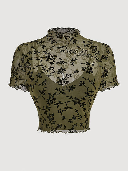 Dam Topp Elegant Mesh Blommönstrad Kortärmad Festtop