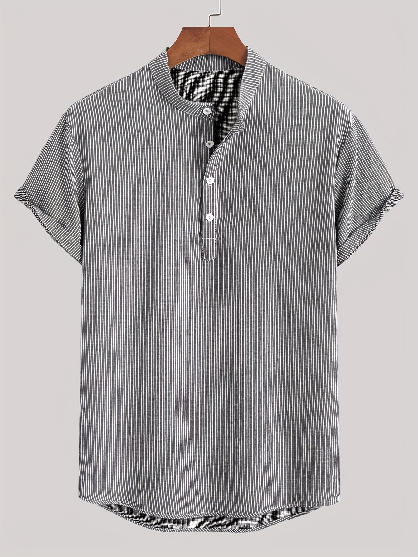 Herr Kortärmad Randig Henley Skjorta med Mandarin Krage – Modern Avslappnad Stil
