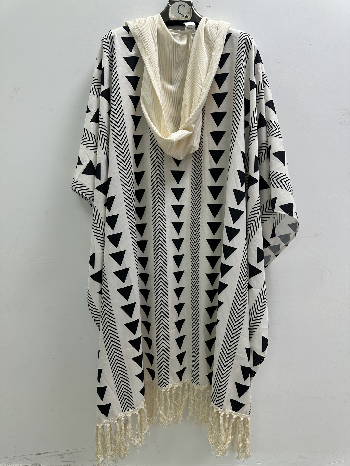 Herr Poncho Strand Kaftan med Geometriskt Mönster och Huvud – Bohemisk Festivalstil