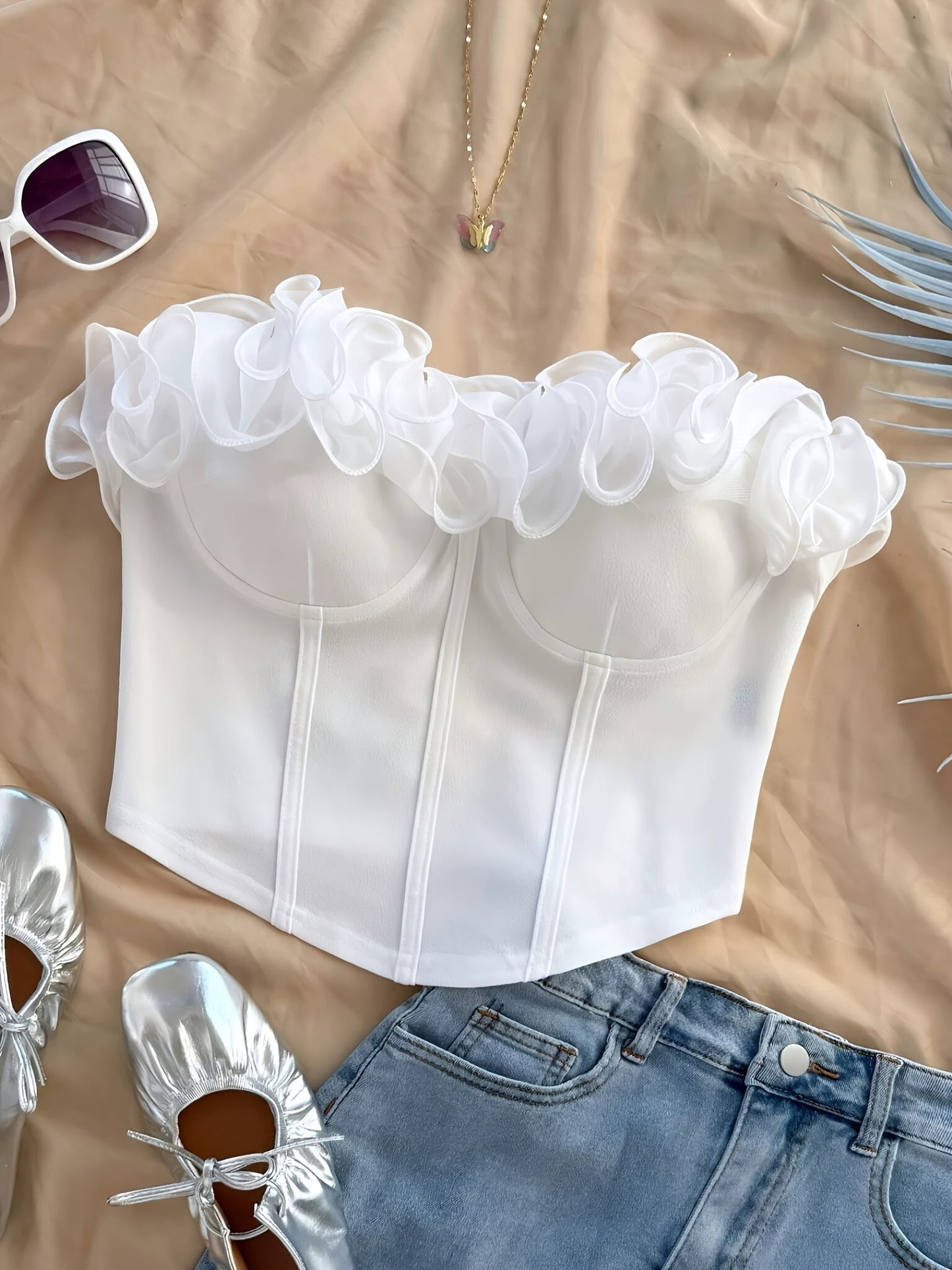 Dam Bustier Top Elegant Festtop med Volangdetaljer Off-Shoulder