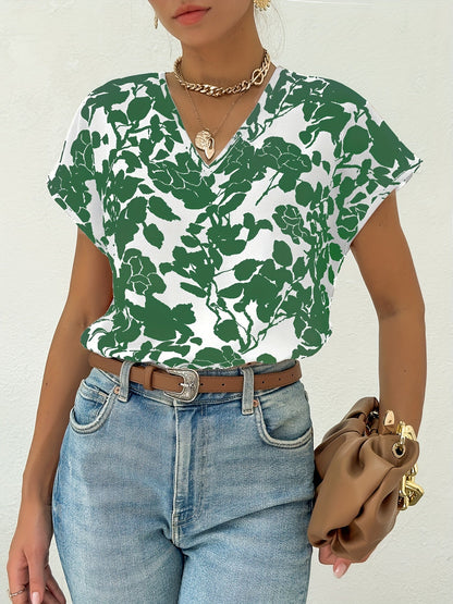 Dam Elegant Blus med Blommönster och V-ringning – Perfekt för Sommar och Vardag