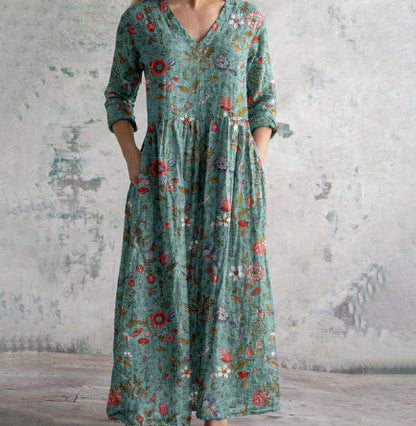 Damklänning Bohemisk Långärmad V-ringad Blommig Vintage Stil – Perfekt för Vardag och Fester