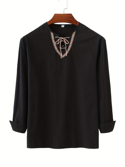Herr Vintage Bohemisk Tunika med Snörning och Geometriskt Mönster – Ledig Blus för Alla Säsonger