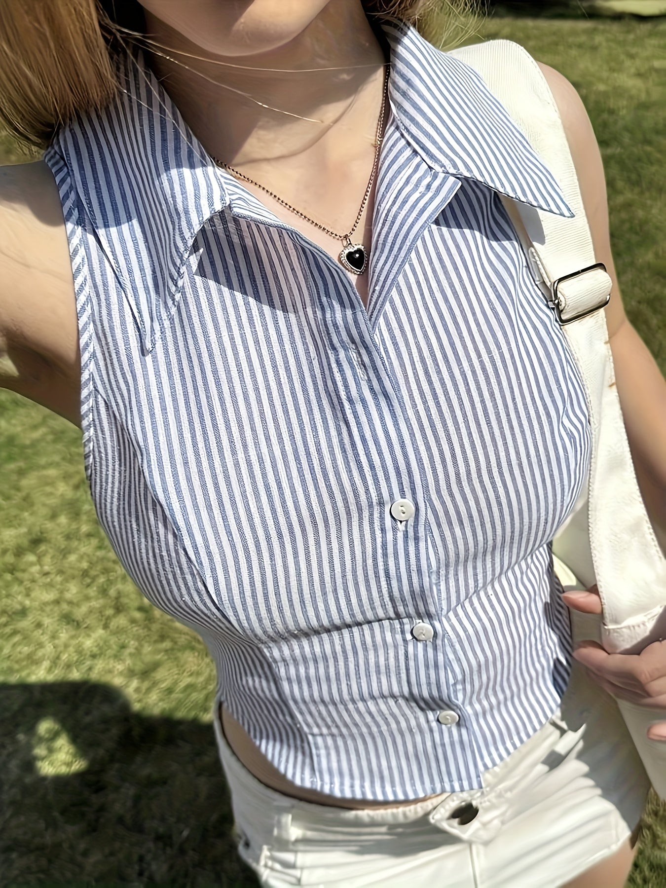 Dam Blus ärmlös skräddarsydd med smala ränder och modern korsettstil – Elegant topp för vardag och fest