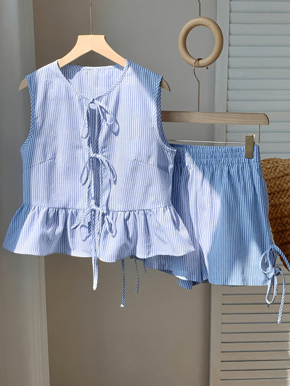 Dam Set Med Volangtop och Shorts – Randigt, Sommar, Avslappnad Stil