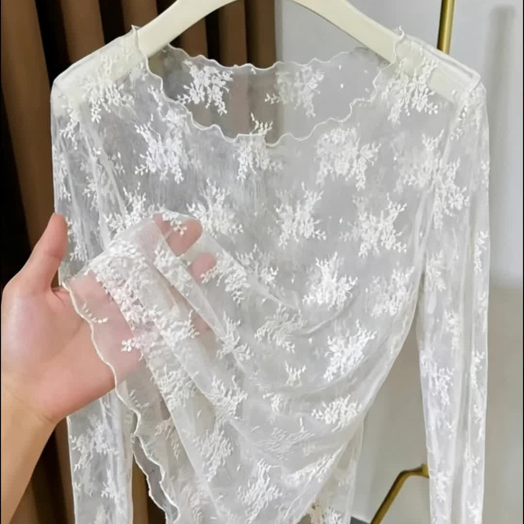 Dam Topp med Lång Ärm och Broderade Blommor – Elegant Transparent Festblus