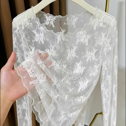 Dam Topp med Lång Ärm och Broderade Blommor – Elegant Transparent Festblus