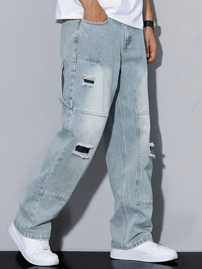 Herr Cargo Jeans Baggy Streetwear med Slitna Detaljer och Lösa Ben