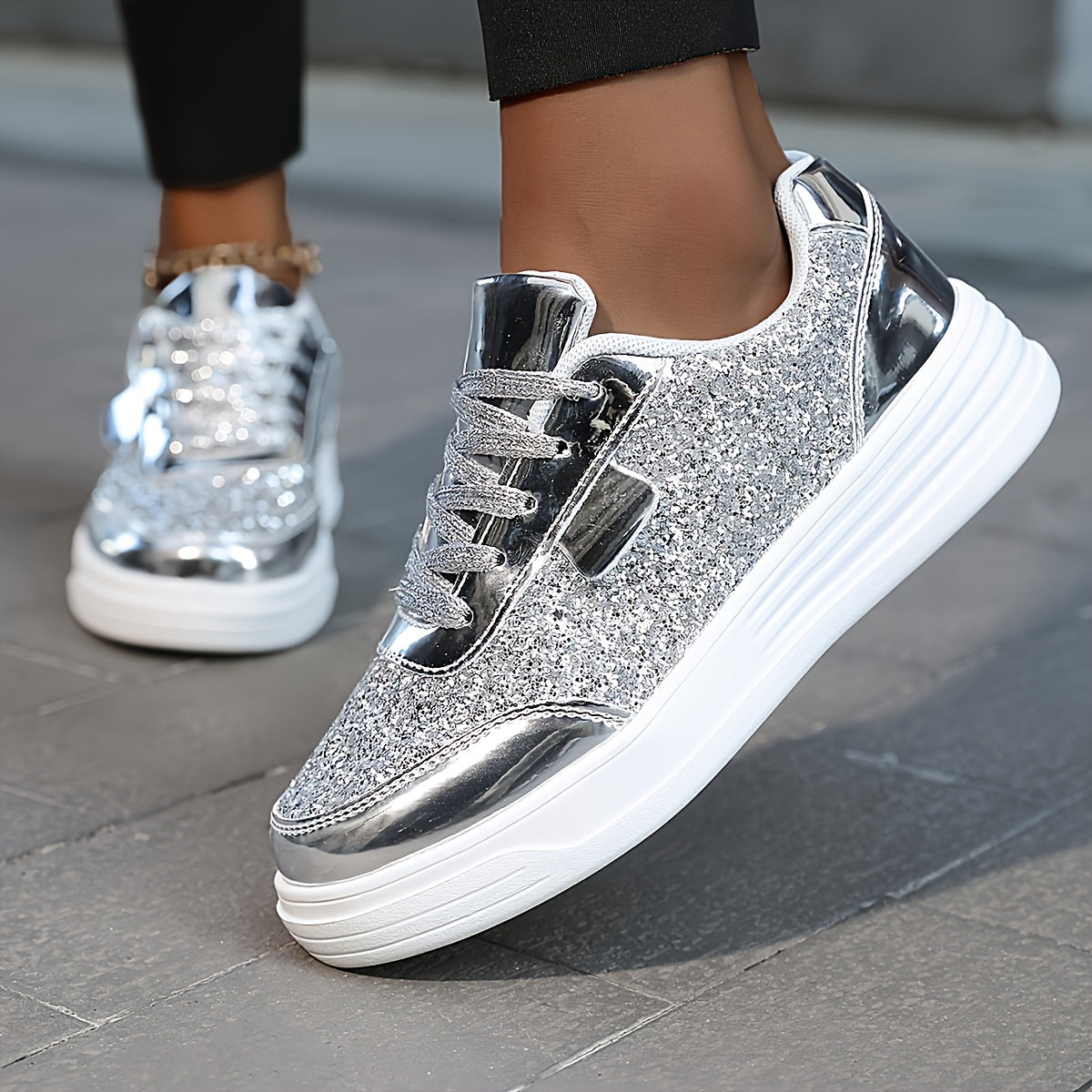 Dam Sneakers Plattform Glittrig Trendig Mode Promenadskor