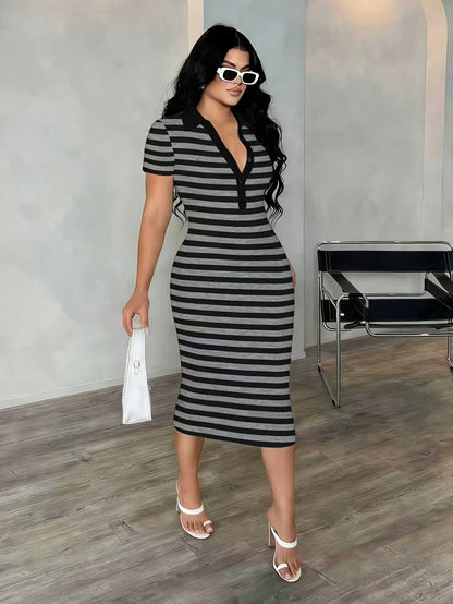 Damklänning – Polo Bodycon Randig Midiklänning för Elegant och Modern Look