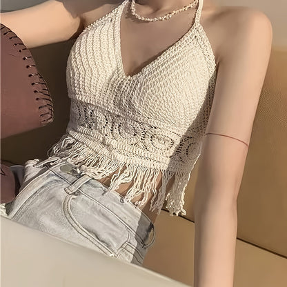 Dam Halterneck Virkad Boho Sommarlinne med Fransar – Festival & Strandmode