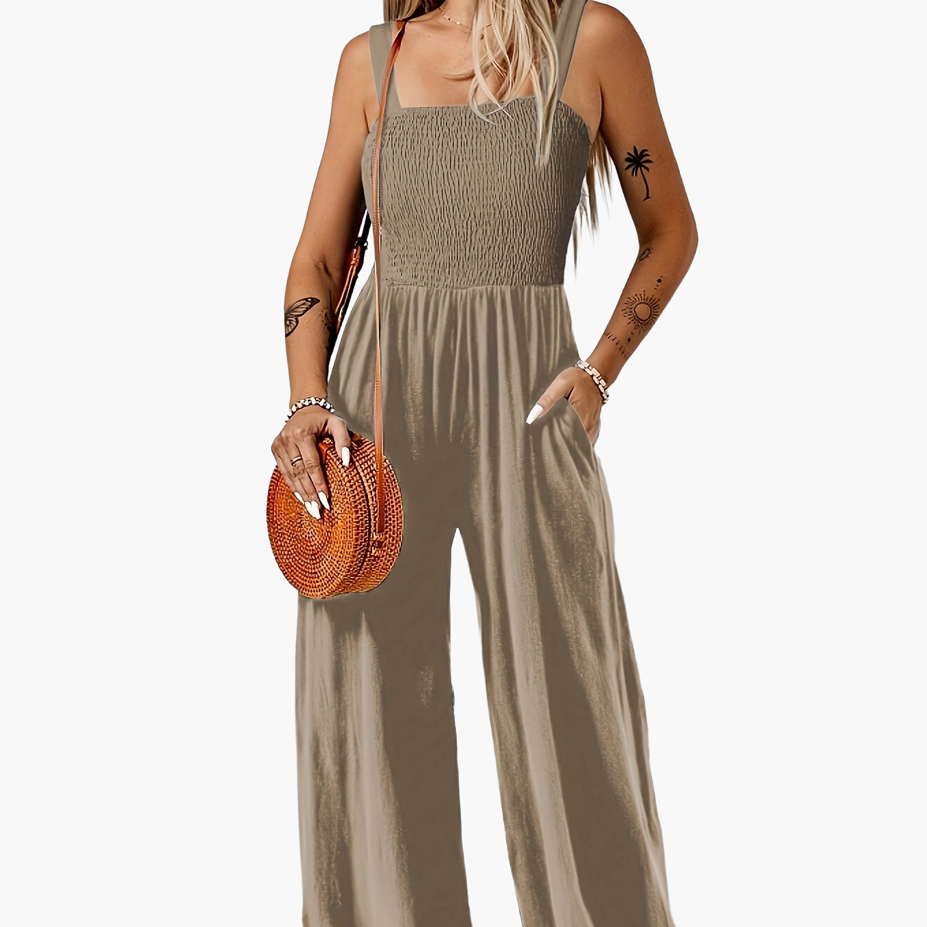 Dam Jumpsuit Elegant Smockad Byst Vid Ben Vardags- och Sommarstil