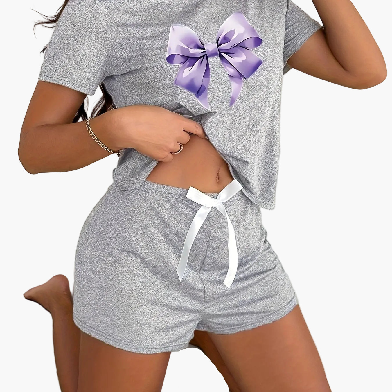 Dam Pyjamaset med Rosettmotiv – Kortärmad Topp & Shorts, Sommar, Avslappnad Stil