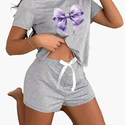 Dam Pyjamaset med Rosettmotiv – Kortärmad Topp & Shorts, Sommar, Avslappnad Stil