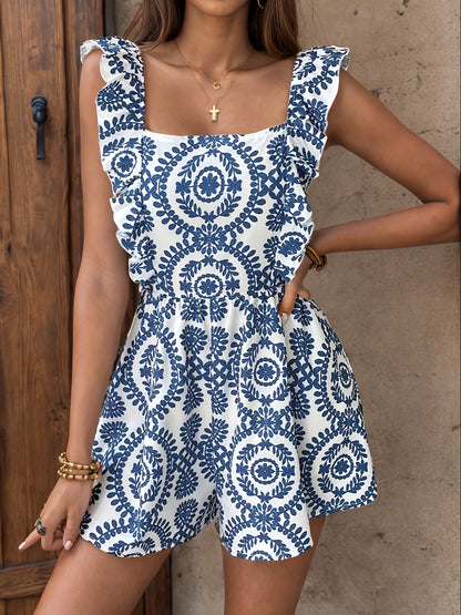 Dam Playsuit med Tribal Mönster och Volangdetaljer – Elegant Sommarplagg för Stadspromenad och Semester