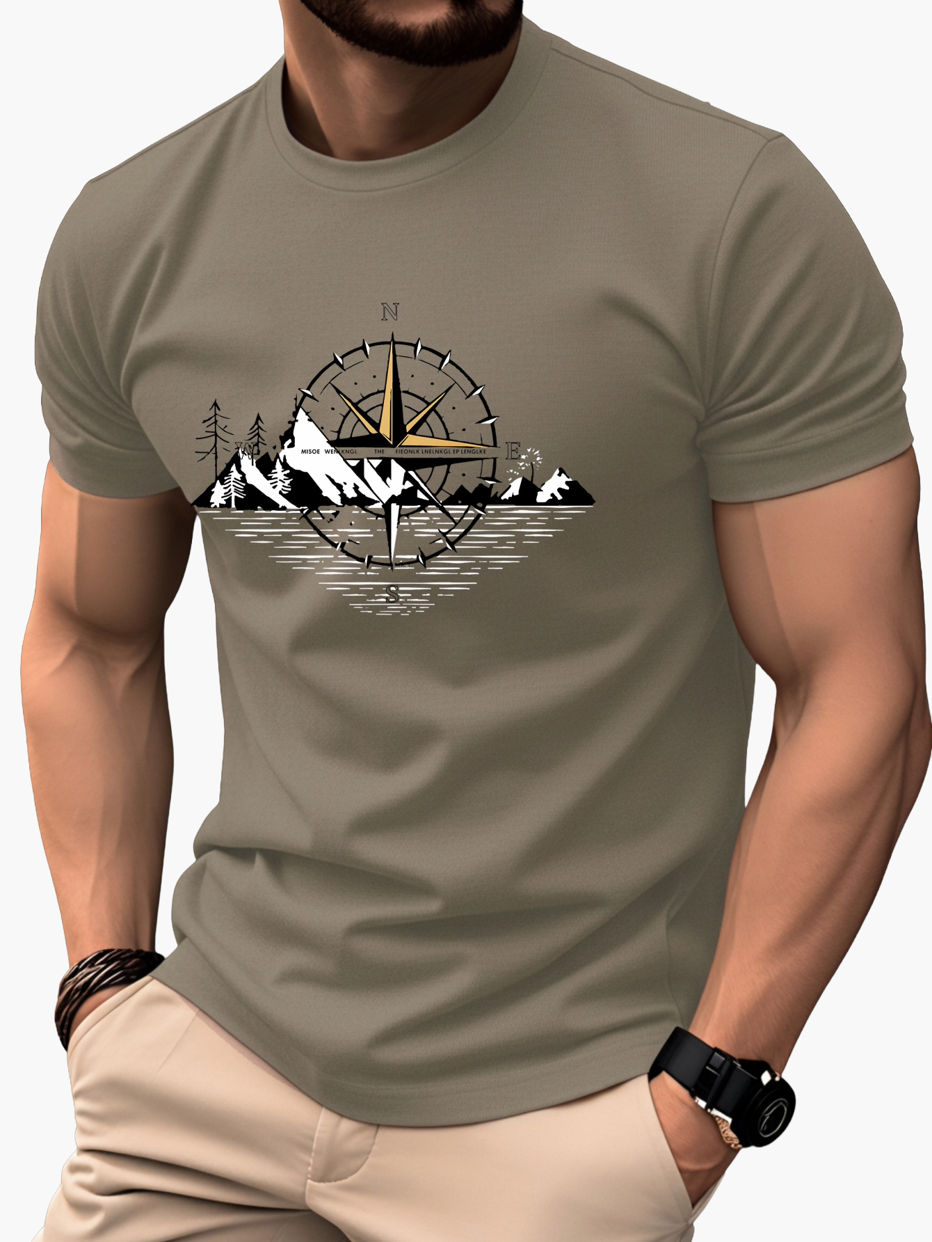 Herr T-shirt med kompass och berg – Äventyrsdesign för friluftsliv och vardag