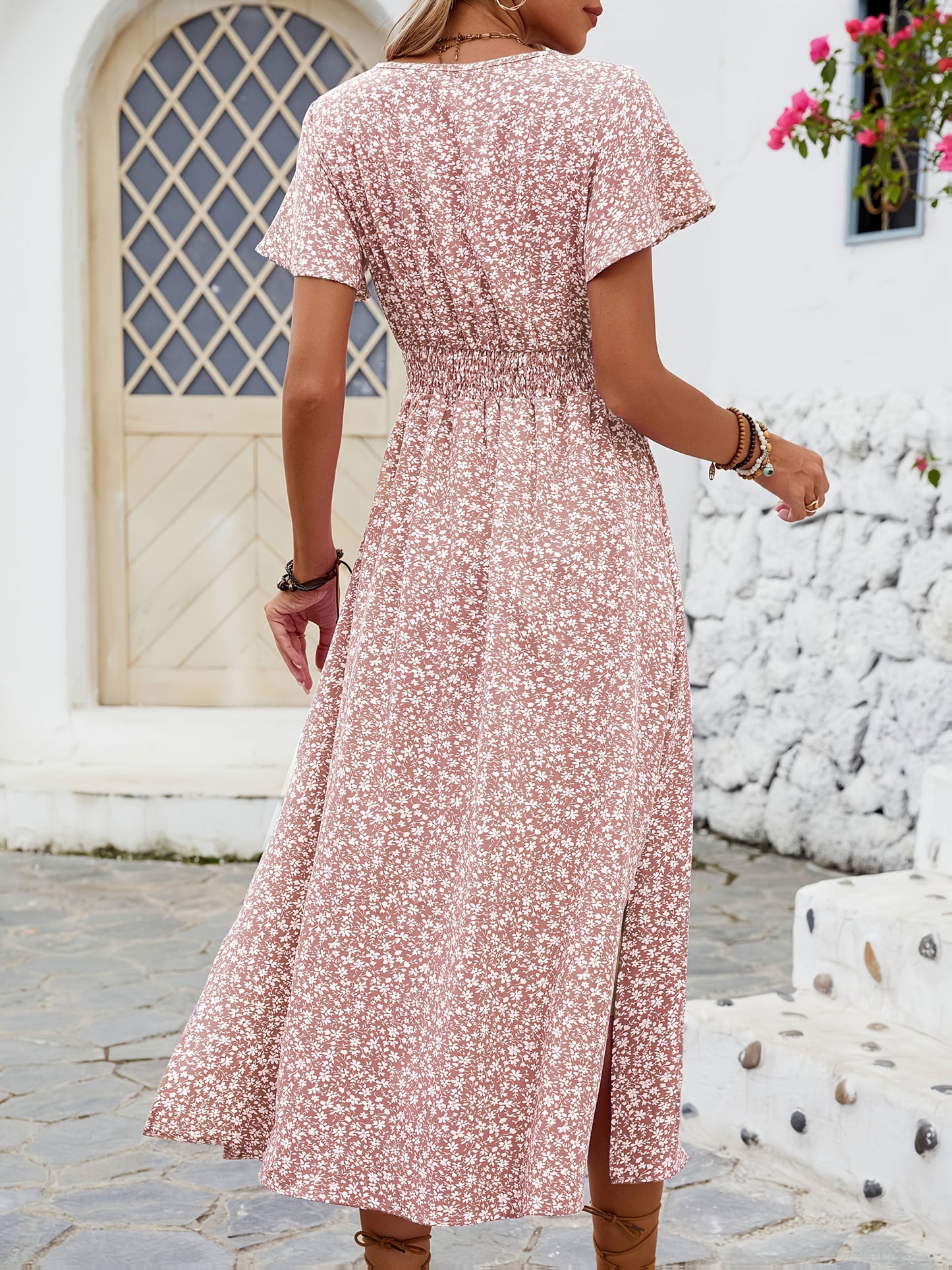 Damklänning Elegant V-ringad Blommig Sommarklänning med Kort Ärm och Slits